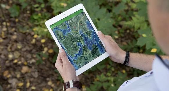 Consulta de un mapa en una tableta en un entorno forestal.